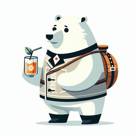 Polar bear in national clothes with a glass of juice. Vector illustration.のイラスト素材