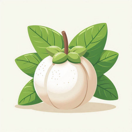 Ripe mangosteen fruit with green leaves. Vector illustration.のイラスト素材