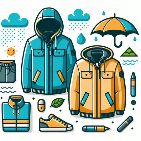 Vector illustration of a winter jacket, raincoat, boots, umbrella, hat, scarf and other accessories.のイラスト素材