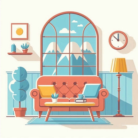 Living room interior with furniture and window. Flat style vector illustration.のイラスト素材