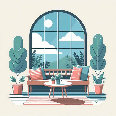 Vector illustration of a living room interior with a view of the nature.のイラスト素材