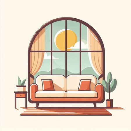 Living room interior with window and sofa. Vector illustration in flat styleのイラスト素材