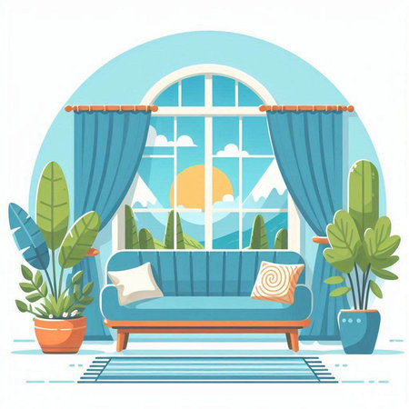Living room interior with window, sofa and plants. Vector illustration.のイラスト素材