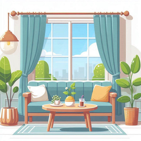 Living room interior with furniture and window view. Vector cartoon illustration.のイラスト素材