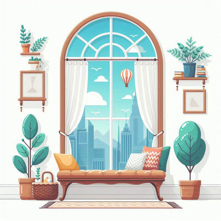 Living room with window, furniture and plants. Vector illustration in flat styleのイラスト素材