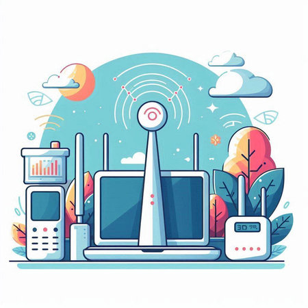Wireless communication equipment. Vector illustration in flat style. Internet technology.のイラスト素材