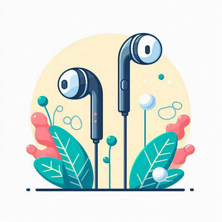 Vector illustration of headphones and leaves. Music concept. Flat style.のイラスト素材
