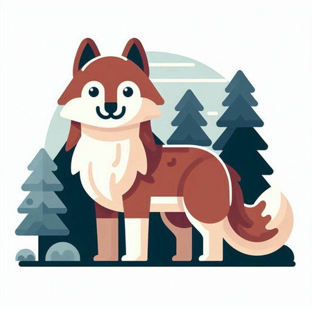 Cute cartoon fox standing in forest. Vector illustration in flat styleのイラスト素材