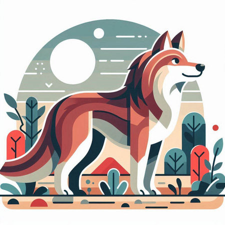 Vector illustration of a wolf in the forest at sunset. Flat style.のイラスト素材