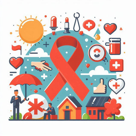 Vector illustration of World Aids Day concept with red ribbon and icons.のイラスト素材