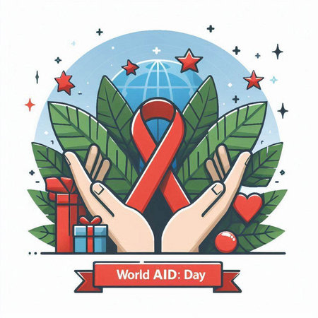 World aids day concept. Red ribbon, syringe, blood test tube, test tube, vials. Flat vector illustrationのイラスト素材
