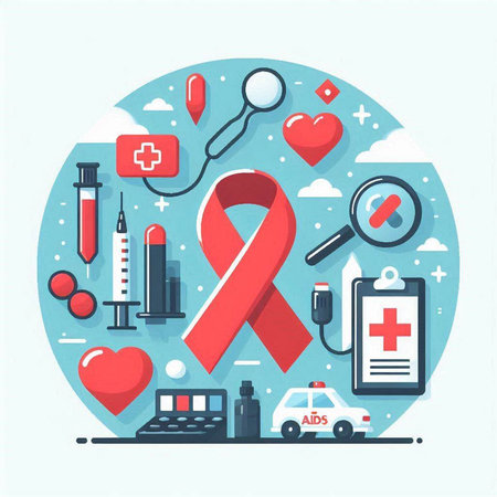 World Aids Day concept. Red ribbon on hands. Vector illustration.のイラスト素材