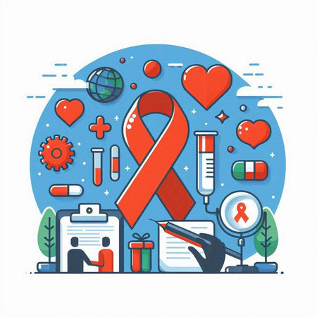 Vector illustration of World Aids Day. Red ribbon, medical icons.のイラスト素材