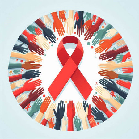 Vector illustration of World Aids Day concept with red ribbon and medical icons.のイラスト素材