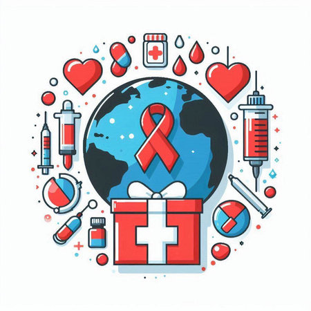 Vector illustration of World Aids Day with red ribbon and people.のイラスト素材