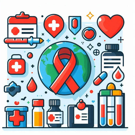 Vector illustration of World Aids Day concept with red ribbon and world health day icons.のイラスト素材