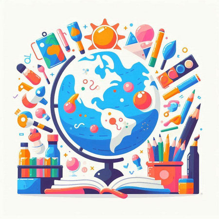 Back to school concept with globe and school supplies. Vector illustration.のイラスト素材