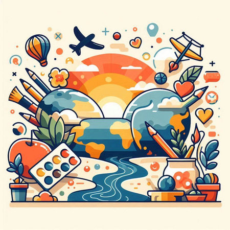 Vector illustration of flat design concept of world map and travel around the world.のイラスト素材
