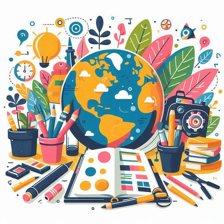 Back to school concept with globe, books, pencils and stationery. Vector illustrationのイラスト素材