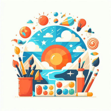 Art concept. Vector flat graphic design illustration of art tools, paint, brushes, palette, sun, clouds, stars, sun.のイラスト素材