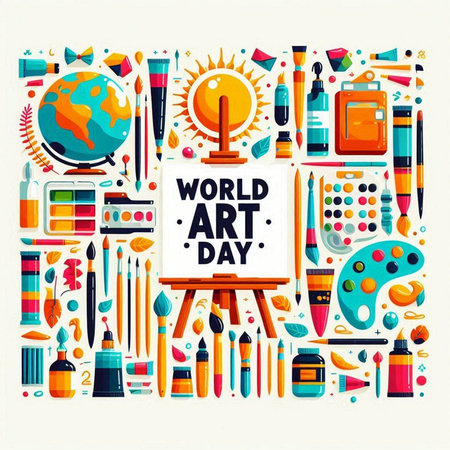 World art day banner with art supplies. Vector illustration in flat styleのイラスト素材
