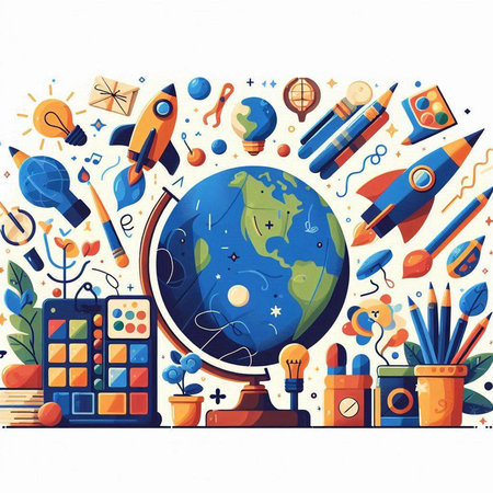 Back to school concept. Vector illustration with globe, rocket, pencils, books, paints, stationery.のイラスト素材