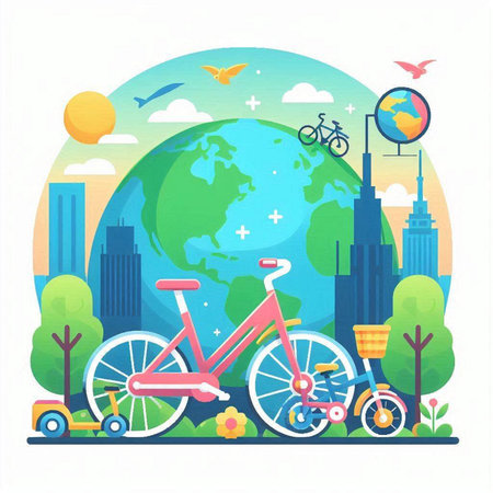 Vector illustration of a bicycle on the background of the globe and the cityのイラスト素材