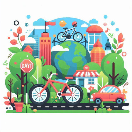 Vector illustration of city landscape with bicycle, trees, houses, road, cars.のイラスト素材