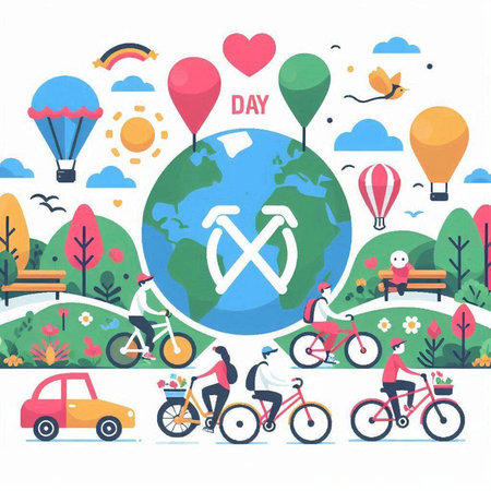 Flat design vector illustration concept of World Environment Day. People riding bicycles, cars, balloons, flowers, trees, flowers.のイラスト素材