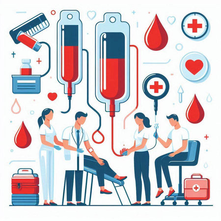 Blood donation concept. Doctor and nurse with blood bag, syringe, stethoscope, test tube, syringe, ampoule. Vector illustrationのイラスト素材