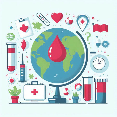 Vector illustration of World Blood Donor Day. Medical background with flat icons.のイラスト素材