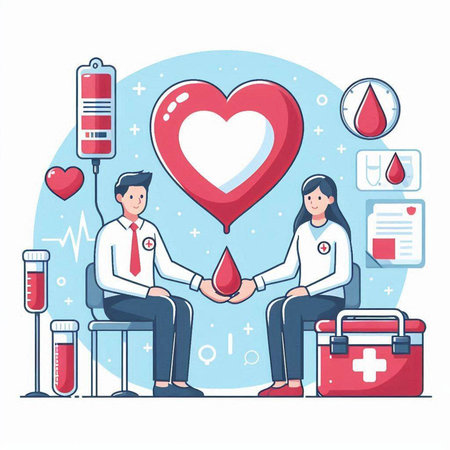Blood donation concept. Doctor giving blood to patient. Vector illustration.のイラスト素材