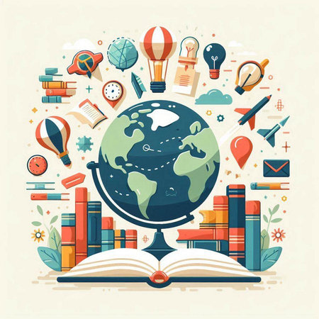 Vector illustration of an open book with globe, books and education icons.のイラスト素材