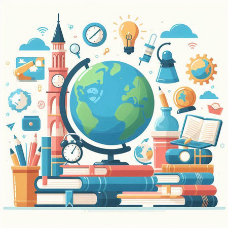 Back to school background with globe, books, pencils and other education supplies. Vector illustrationのイラスト素材