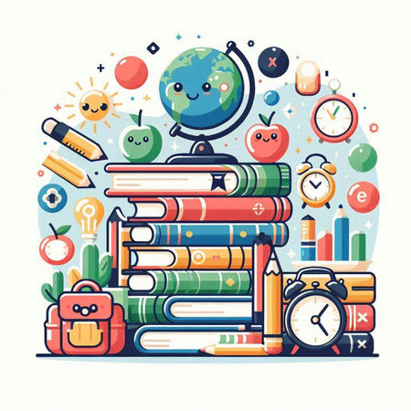 Back to school. Vector illustration of a pile of books, globe, clock, backpack, apple and other school supplies.のイラスト素材