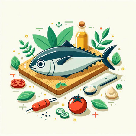 Tuna fish with ingredients for cooking on cutting board. Vector illustrationのイラスト素材
