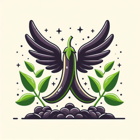 Eggplant with wings and leaves. Vector illustration in flat style.のイラスト素材