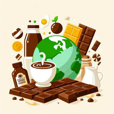 Coffee and chocolate vector illustration in flat style. Chocolate bar, cup of coffee, world map, milk, eggs.のイラスト素材