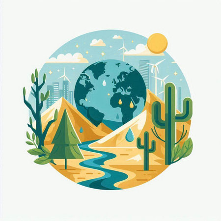 Illustration of world environment day concept with earth, cactus and mountains.のイラスト素材