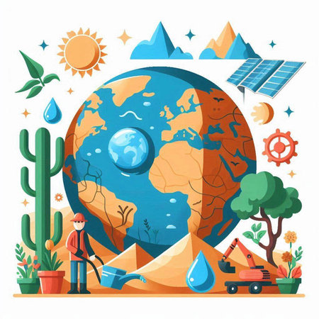 Earth planet with solar panels, sun, mountains and cactus. Vector illustrationのイラスト素材