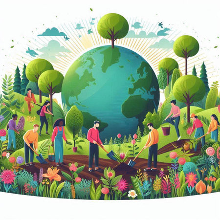 People planting trees in the garden vector illustration. World Environment Day.のイラスト素材