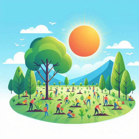 Illustration of people planting trees in the park. Flat style vector illustration.のイラスト素材