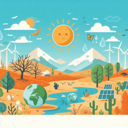 Ecology concept. Landscape with solar panels, windmills and trees. Vector illustrationのイラスト素材