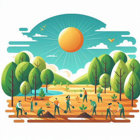 Vector illustration of people working in the garden on a sunny day.のイラスト素材
