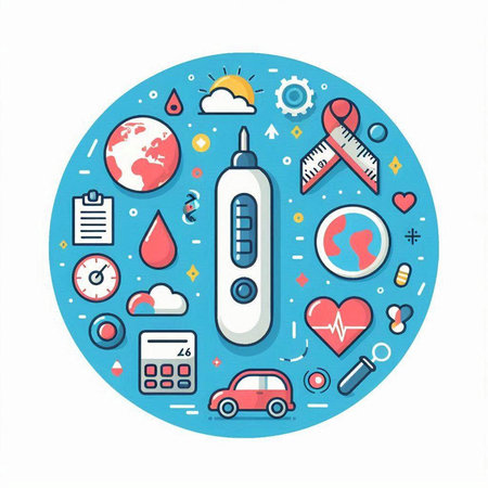 Thermometer with different icons in the circle. Vector illustration.のイラスト素材