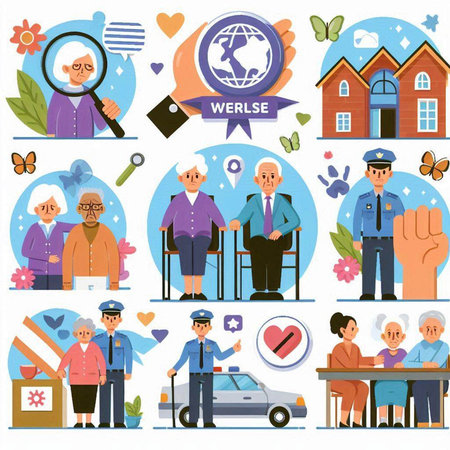 Elderly people and professions icons set. Cartoon vector illustration.のイラスト素材