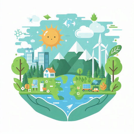 Ecology concept. Vector illustration in flat style with icons and symbols.のイラスト素材