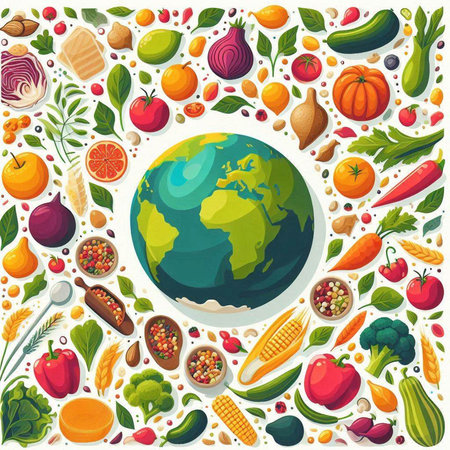 Vegetables and fruits in the form of a planet. Vector illustration.のイラスト素材