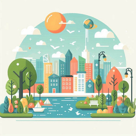 City landscape in flat style. Cityscape with trees, buildings and river. Vector illustration.のイラスト素材