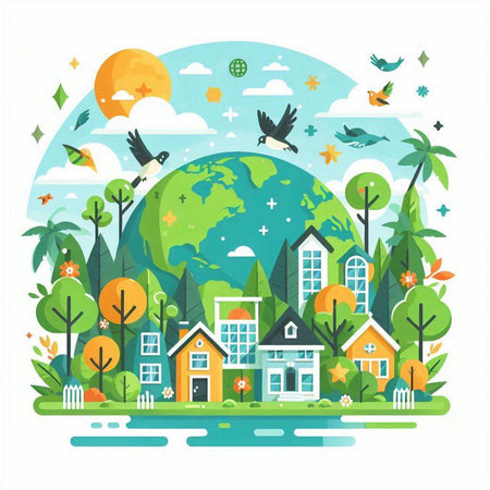 Flat style vector illustration of green eco friendly city with trees, birds and housesのイラスト素材